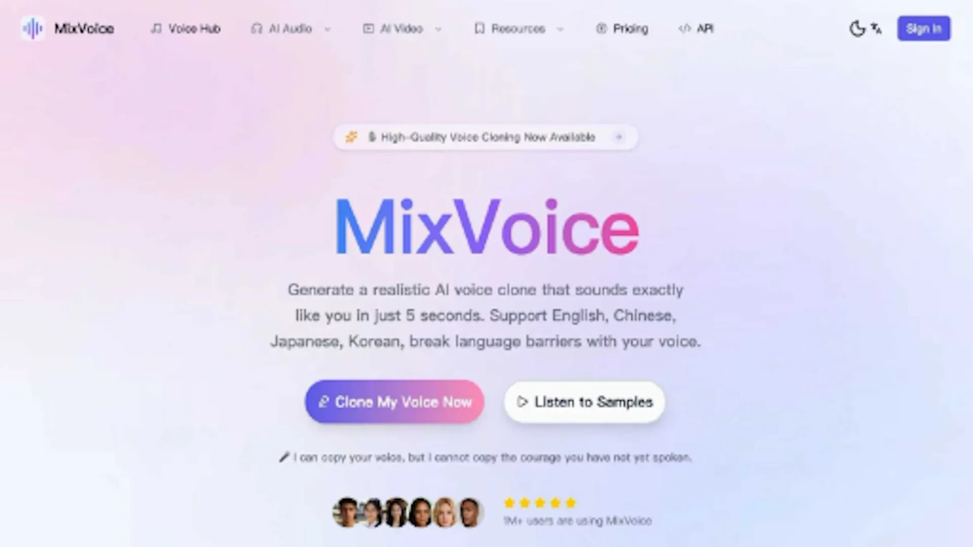 Voice cloning - Generate a realistic AI voice clone that sounds exactly like you in just 5 seconds. Support English, Chinese, Japanese, Korean, break language barriers with your voice.