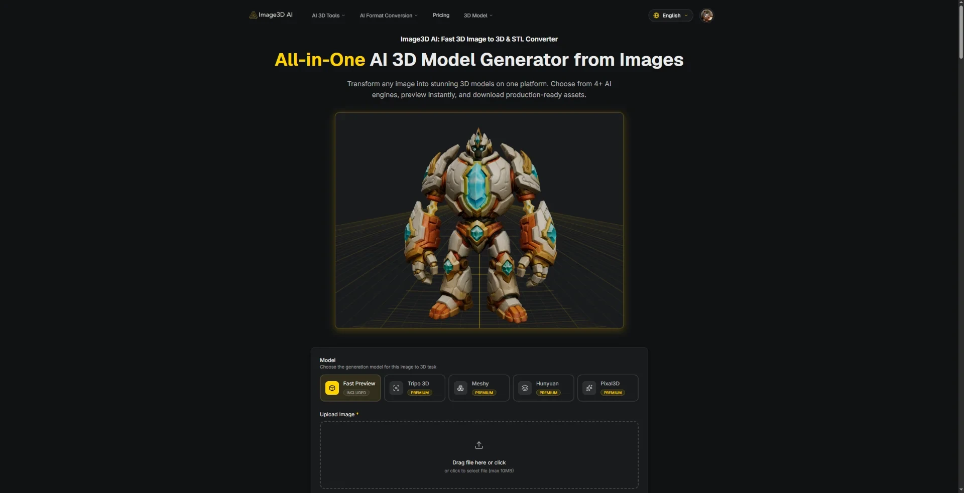 Image3D AI - Image3D AI helps users turn images into 3D models, choose from multiple AI 3D models, generate textures, convert 3D formats, and export GLB, OBJ, or STL assets in one online workspace.