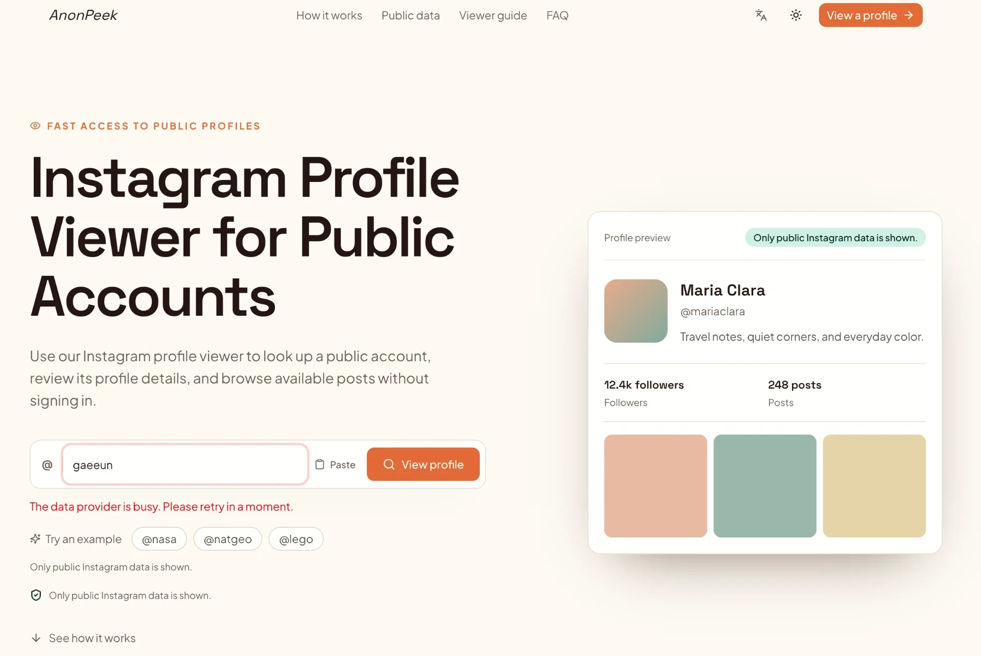 AnonPeek - From creator discovery to brand research, AnonPeek helps users quickly review public Instagram accounts and available content without signing into a personal account.