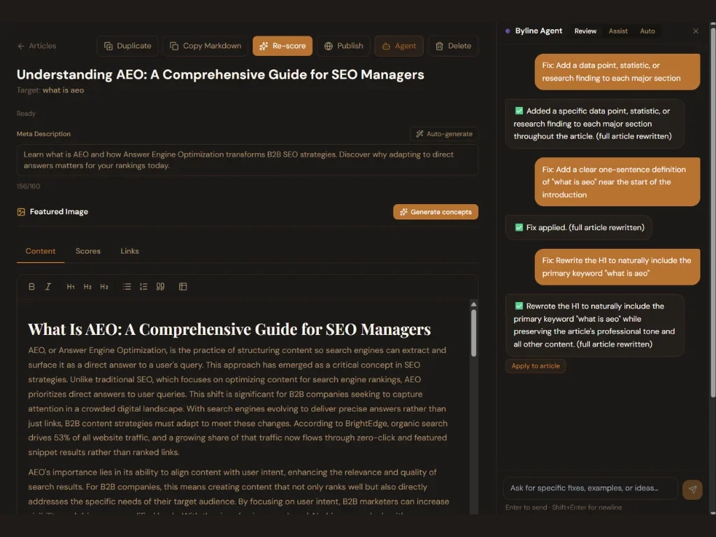 Byline SEO - AI content platform for SEO teams. Scores every draft on SEO, readability, GEO, and AEO. Editorial Agent rewrites weak sections in one click.