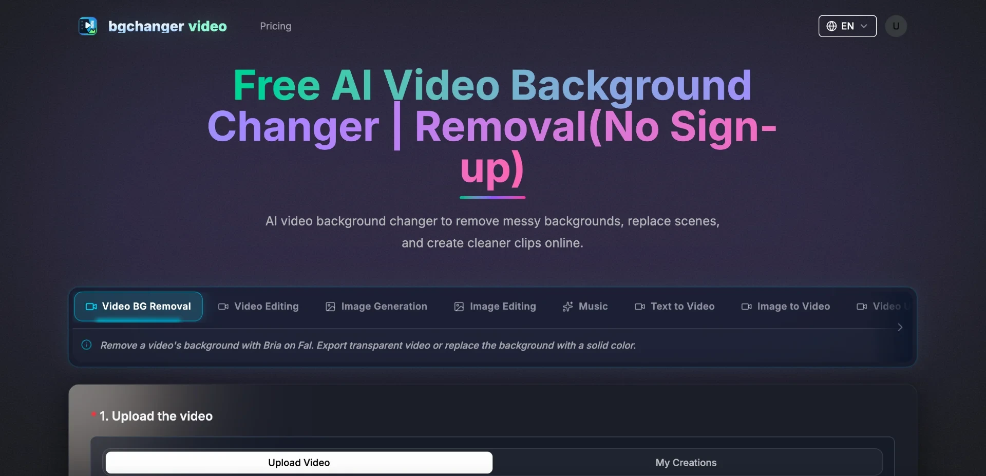 bgchanger.video - Video Background Changer - Online AI video background removal: upload a clip, isolate the subject, and export a transparent or solid-color version for demos, social content, and compositing.