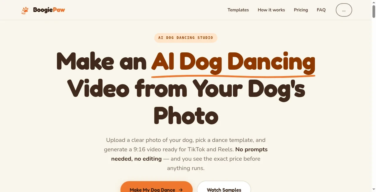 BoogiePaw - AI Dog Dancing Generator — From One Dog Photo. Turn a single dog photo into a fun, shareable AI dancing video.
