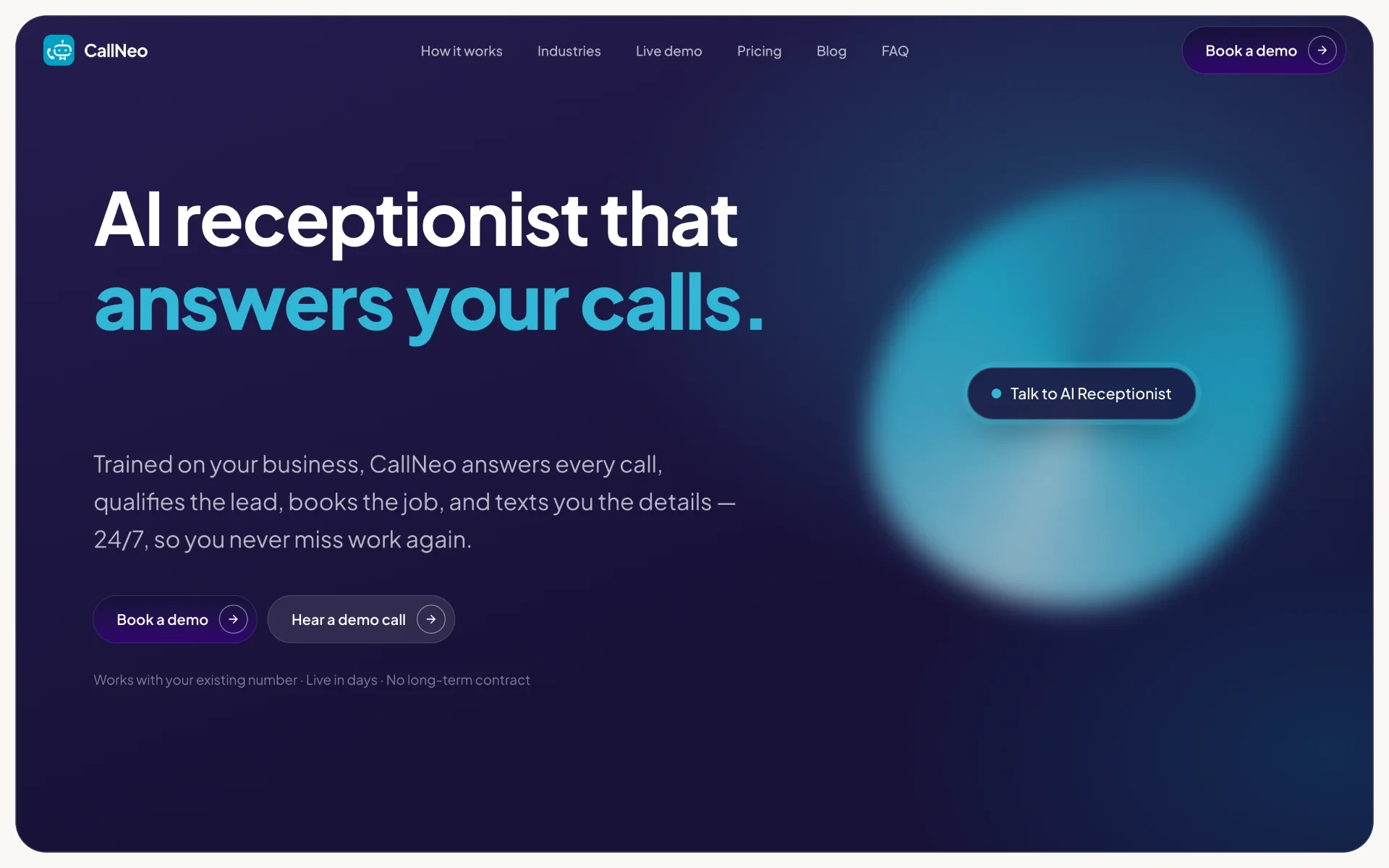 CallNeo - CallNeo is an AI receptionist that answers every call 24/7 for service businesses — qualifying leads, routing emergencies by your rules, and booking jobs into your calendar.