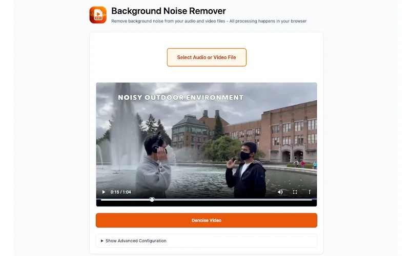 Background Noise Remover - Remove noise from video and audio files in one click. All processing happens in your browser.