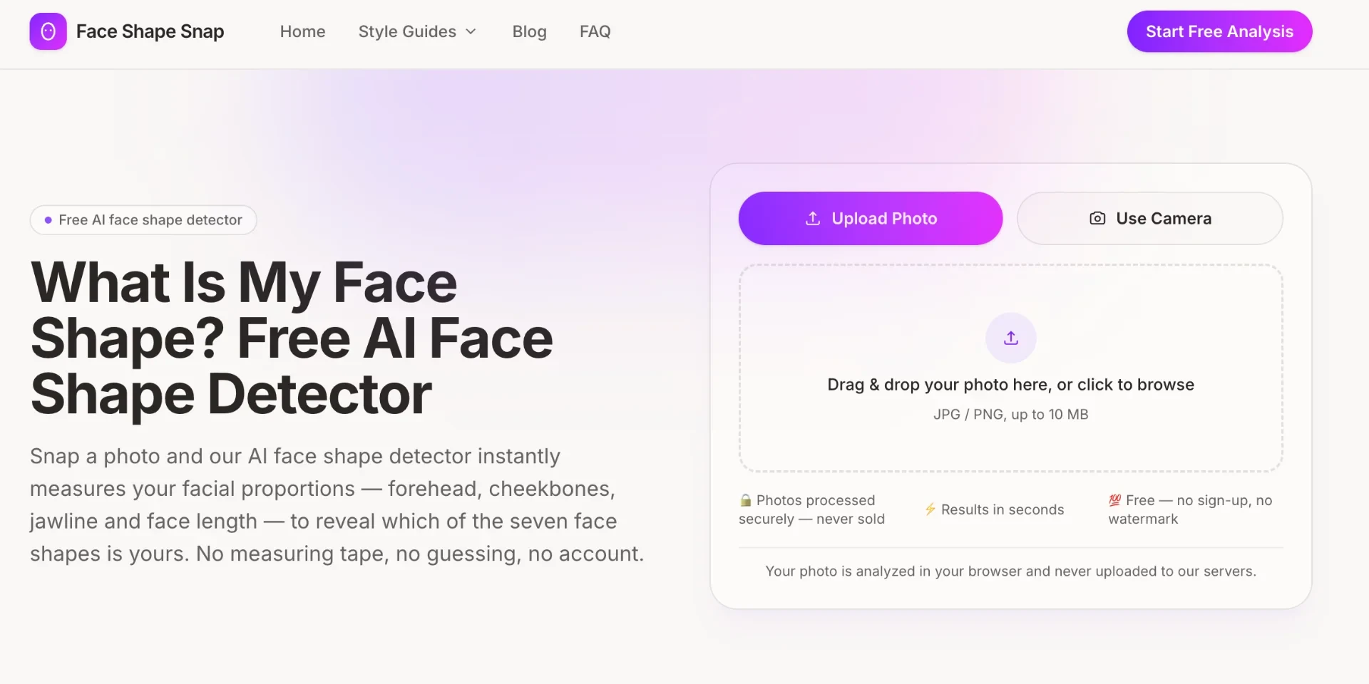 Face Shape Snap - No sign-up or measuring tools are needed. Snap or upload a photo and Face Shape Snap quickly analyzes your face shape and helps you explore styles that suit you.