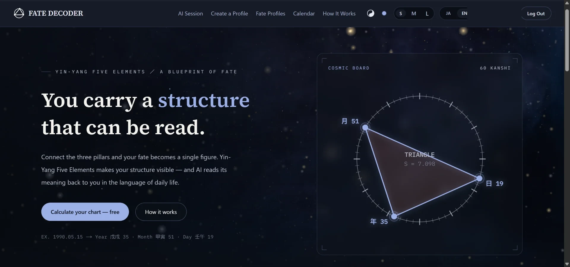 FATE DECODER - Free AI destiny readings based on Yin-Yang Five Elements. Calculate your chart instantly, get a personalized AI reading, and even look up celebrities via web search.