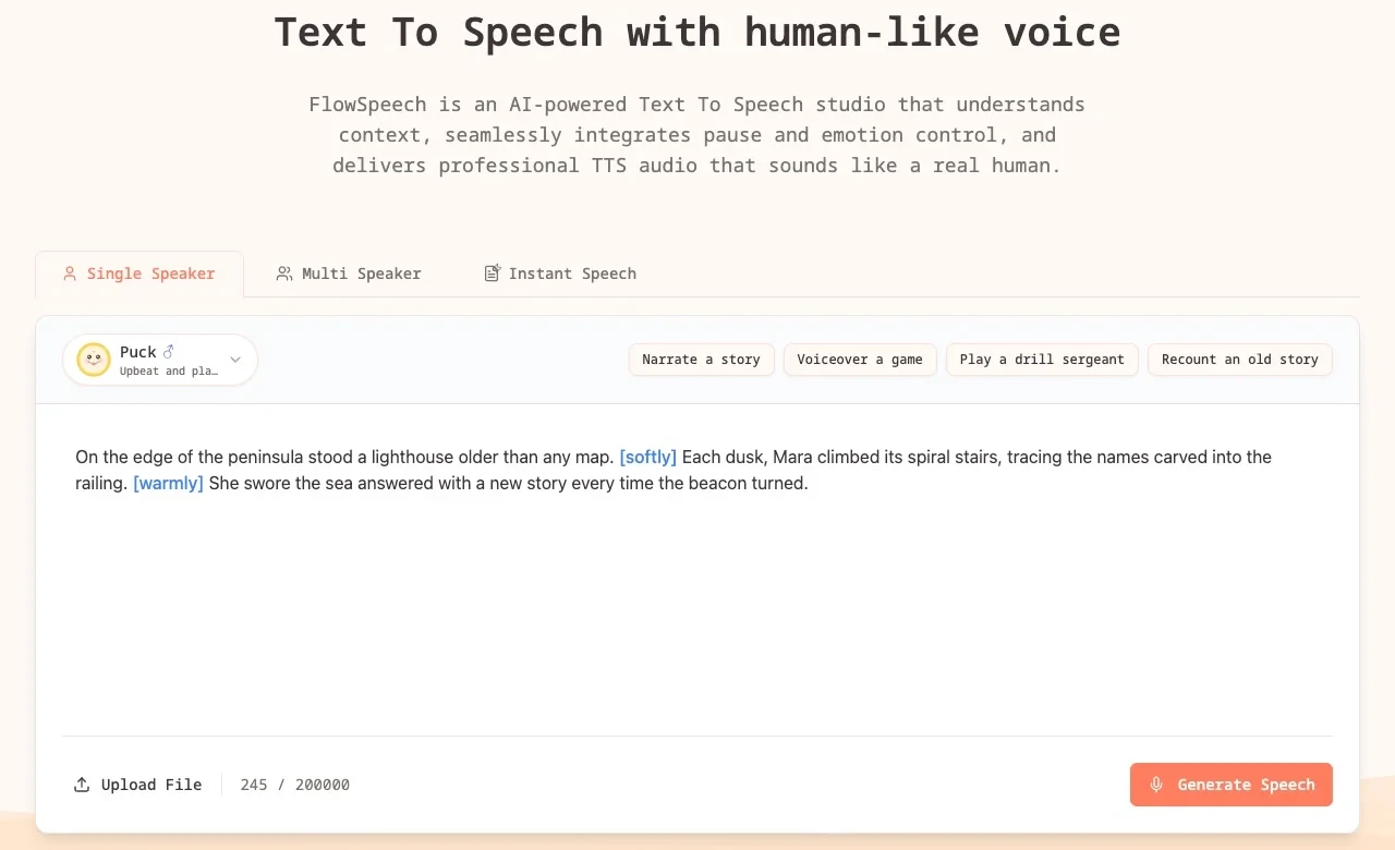 FlowSpeech - FlowSpeech is a context-aware AI text-to-speech tool for natural voiceovers, narration, and spoken content creation. It offers lifelike voices, emotion control, and pause control for demos, tutorials, and educational content.