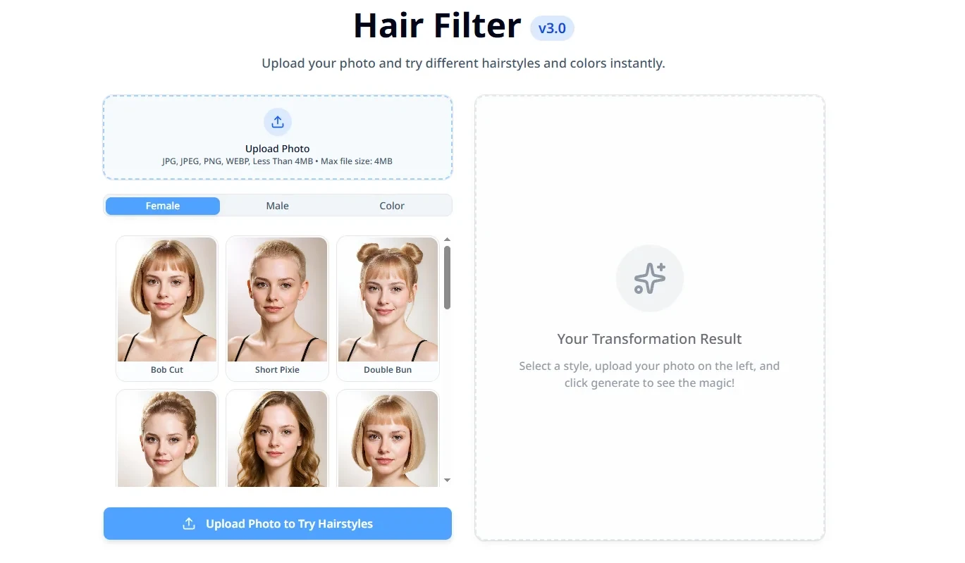 Hair Filter - Hair Filter is an AI-powered online tool that lets you instantly try on different hairstyles and hair colors by simply uploading a photo.