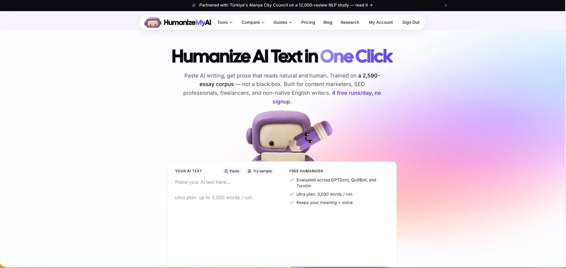 HumanizeMyAI - Rewrites AI drafts into prose that reads like a person wrote it, from a model trained on 2,590 real student essays. Includes a free AI detector for checking your own writing.