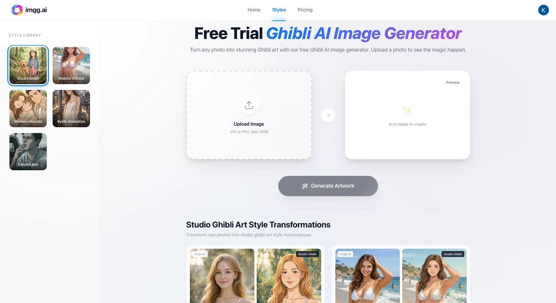 IMGG - IMGG.ai is an all-in-one AI image generator and editor that helps you turn ideas into visuals. It offers a style library for photo-to-style transformations and links to related tools. 