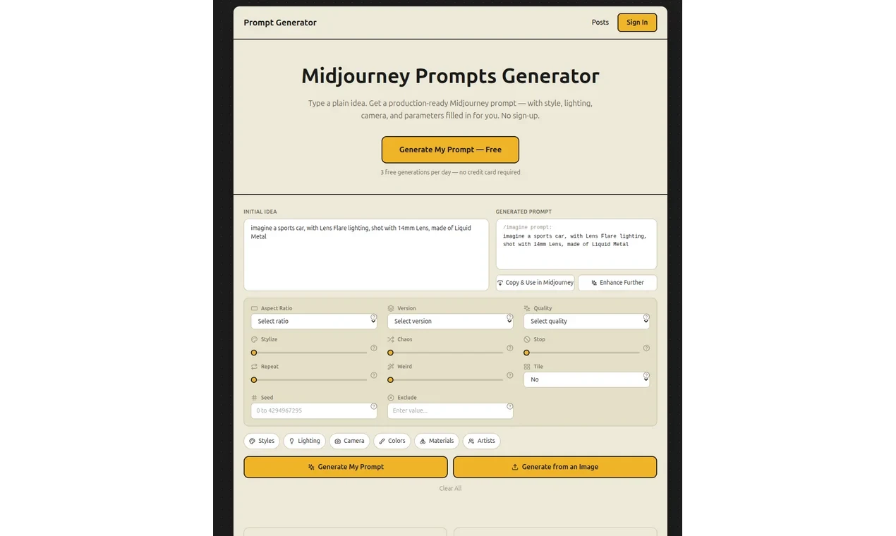 Midjourney Prompts Generator - Create stunning Midjourney prompts from a plain description — style, lighting, composition, and parameters added automatically. Free Midjourney prompt generator, no sign-up required.