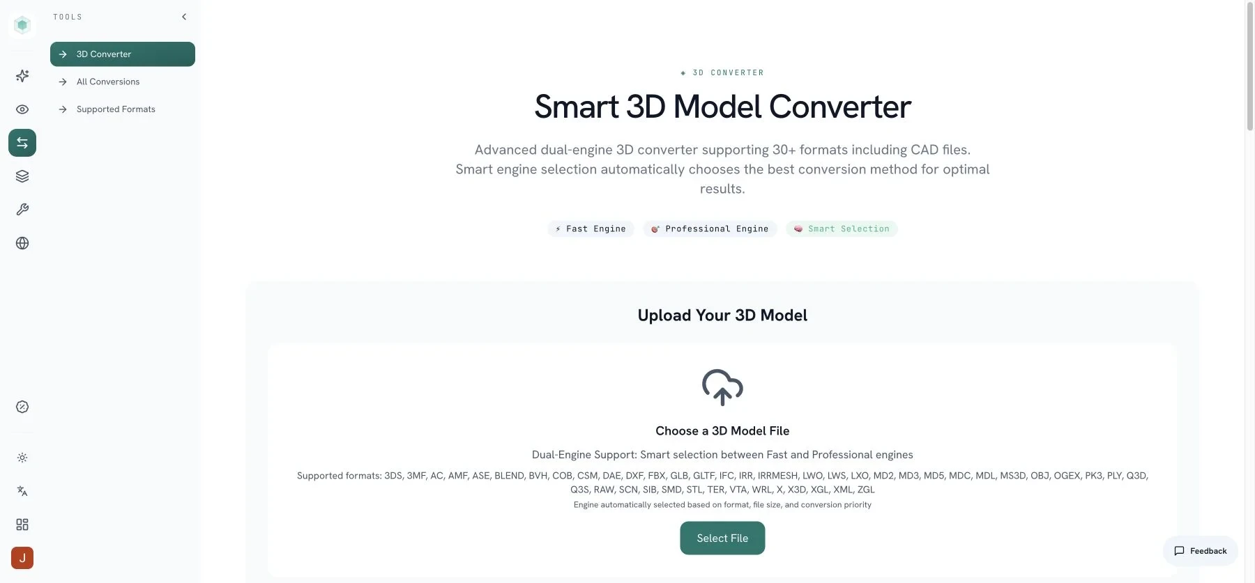 Next3D Convert - Free browser-based 3D model converter for OBJ, STL, GLTF, GLB, PLY, FBX, 3MF, and AMF files.