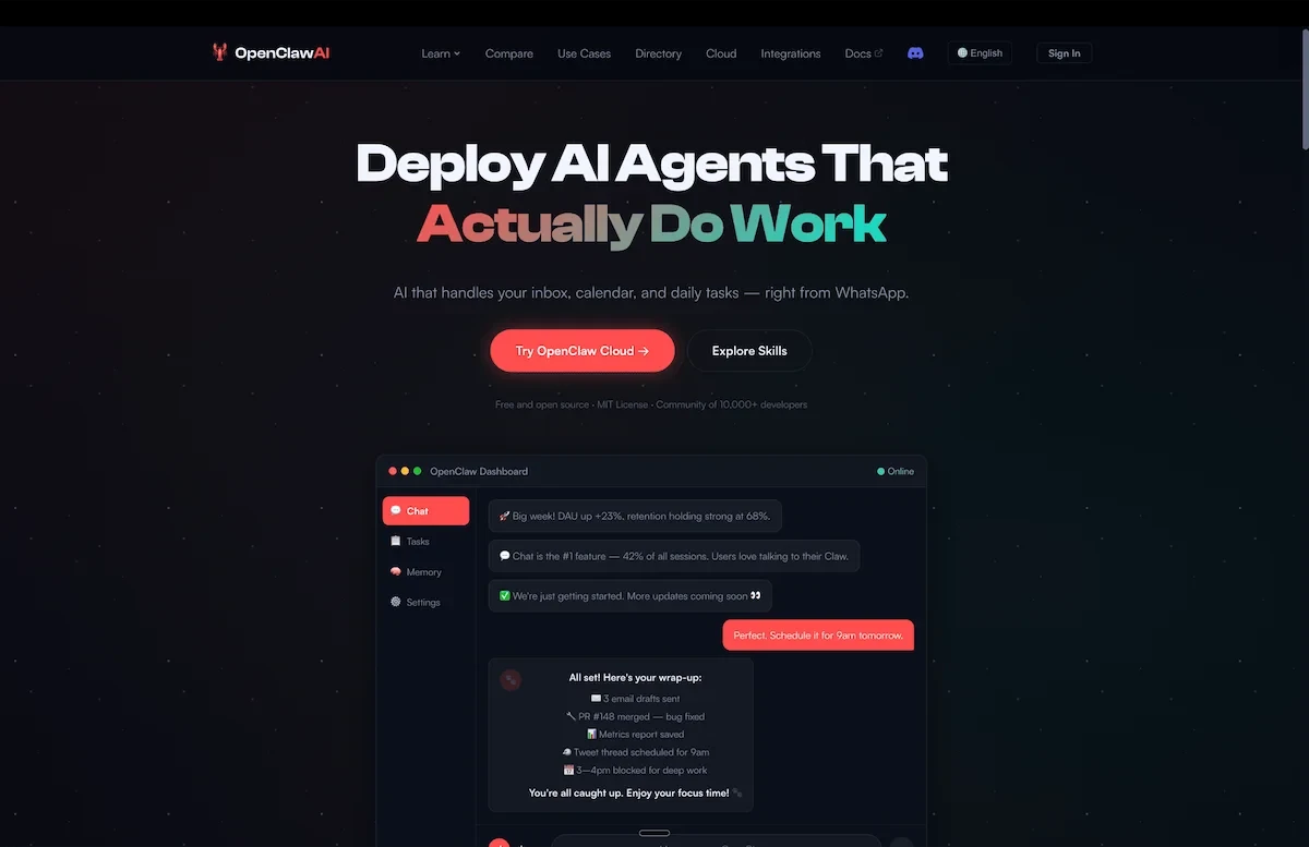 OpenClaw AI - OpenClaw is the AI assistant that actually does things, 24/7 — clearing your inbox, managing your calendar, even checking you in for flights, all from WhatsApp, Telegram, or any chat app you already use. Self-host for free or run on managed cloud.