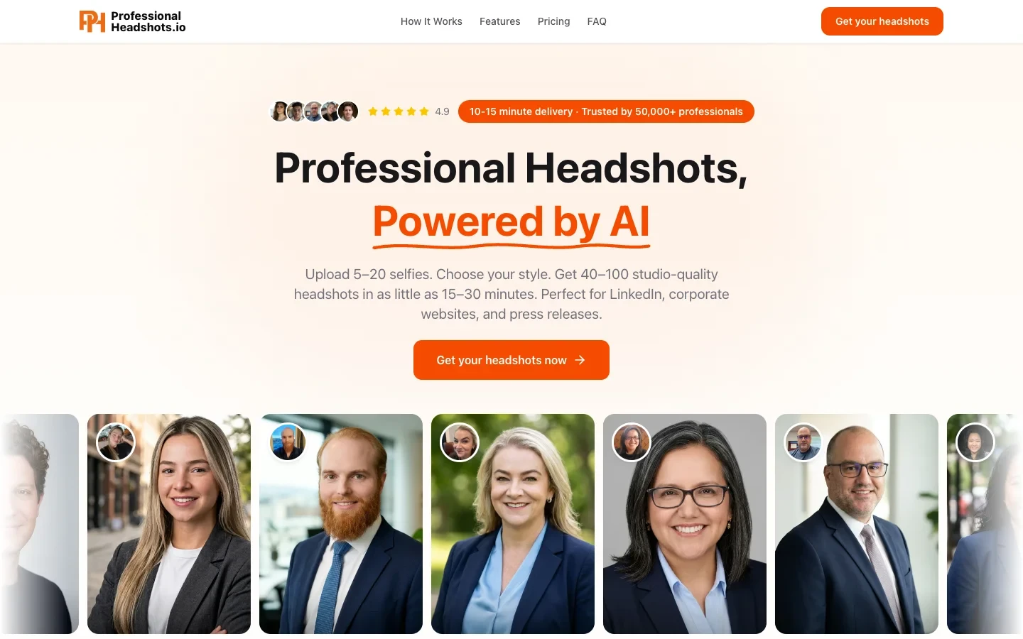 ProfessionalHeadshot.io - AI-powered professional headshot generator — create studio-quality profile photos from your selfies in minutes.