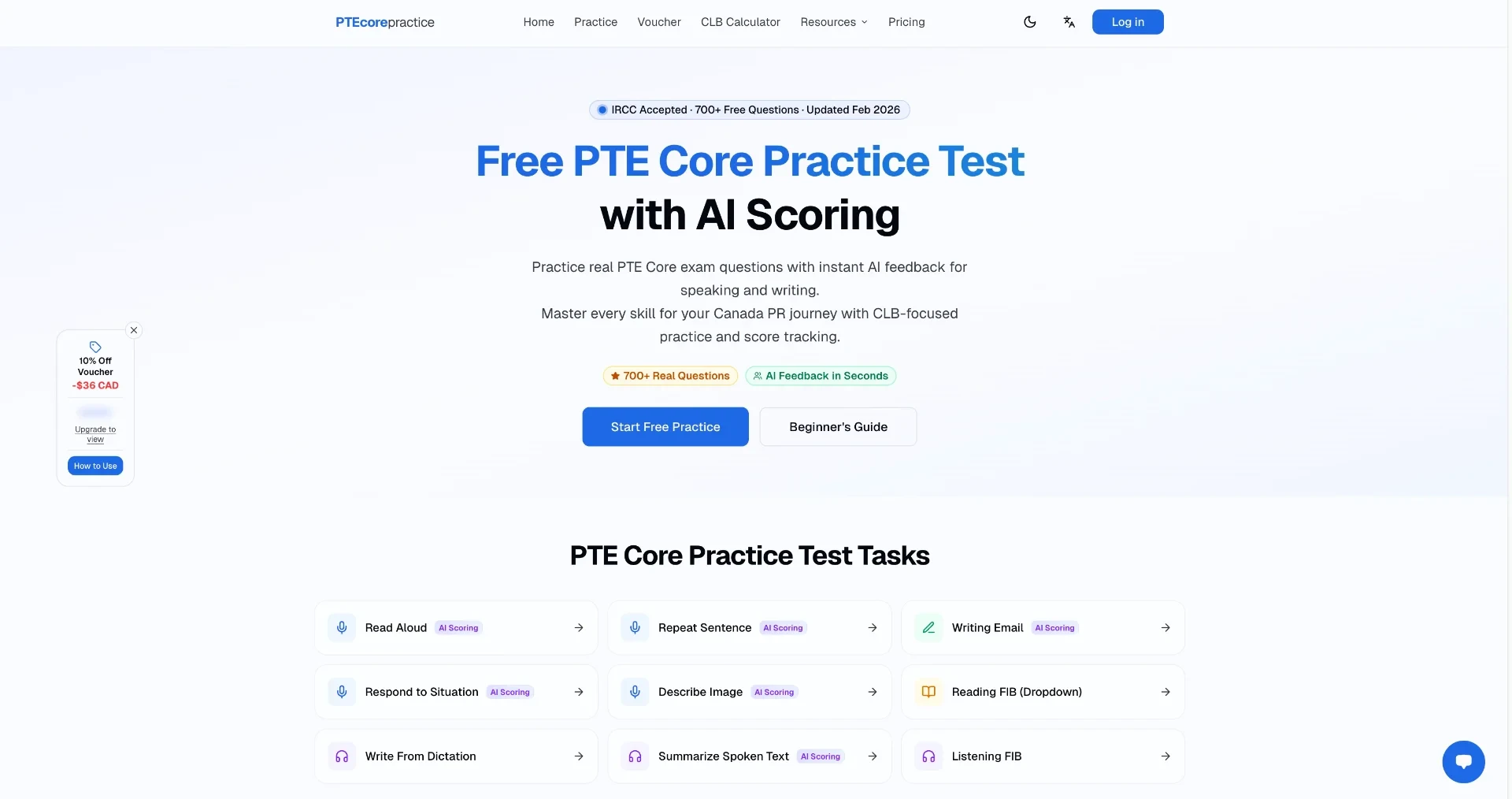 PTEcorepractice - Free AI-powered PTE Core practice for Canada PR with real exam-style questions and instant scoring.