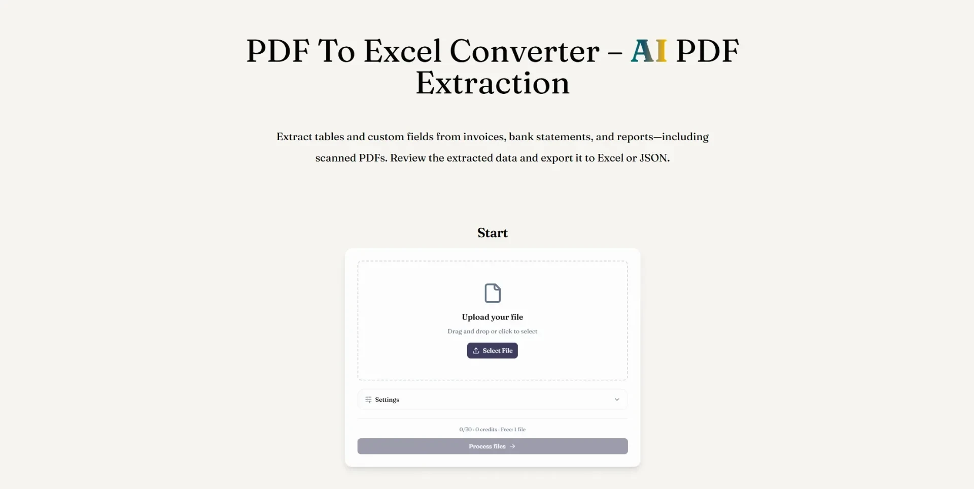 PDF to Excel - ReadyData is an online PDF to Excel converter powered by AI. It helps users extract tables and relevant fields from invoices, bank statements, reports, and other PDF documents