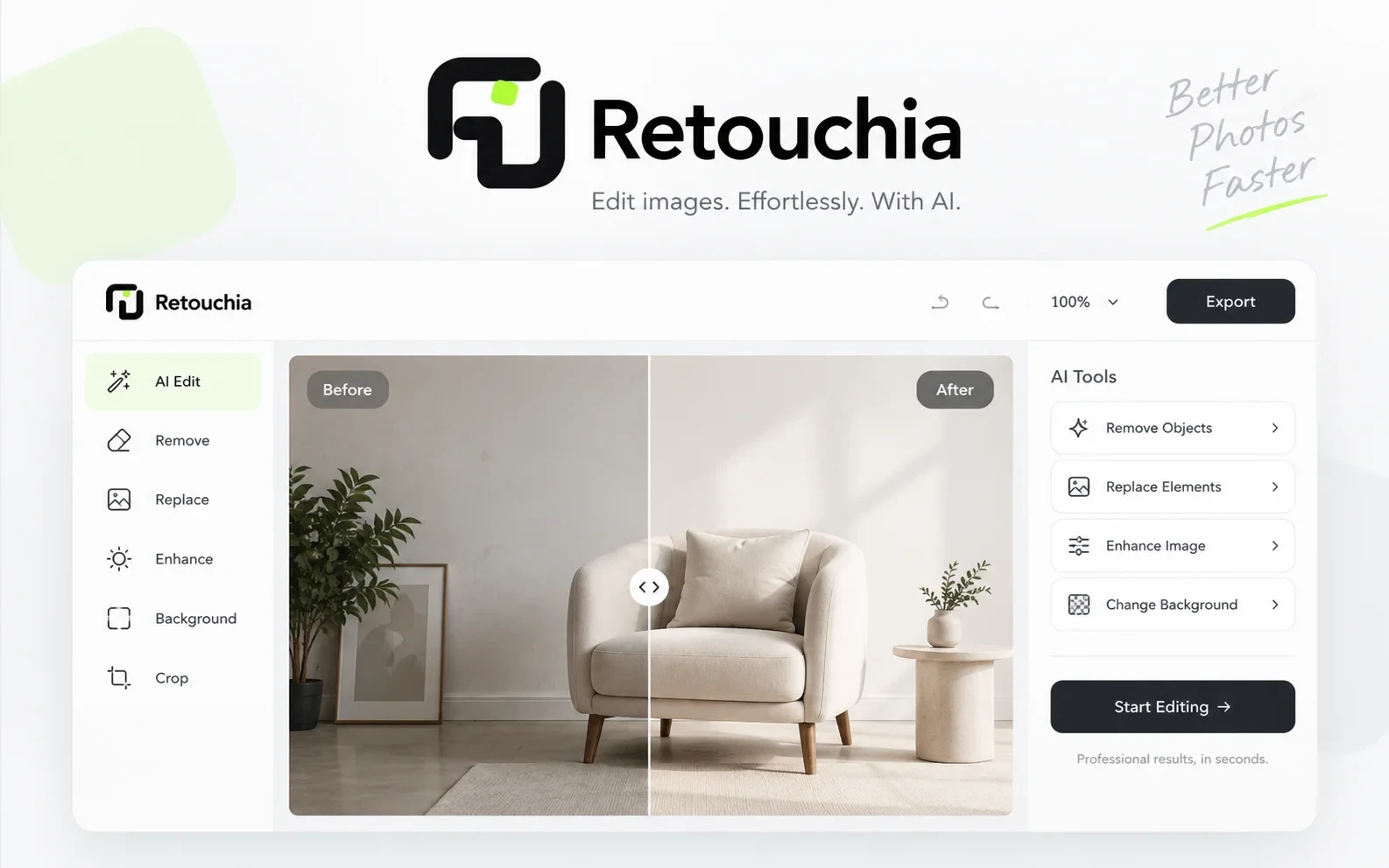 Retouchia - Retouchia 是一款基于浏览器的在线 AI 图像编辑工具，无需安装任何软件即可使用。该平台支持 JPG、PNG、WebP 等多种常见格式，用户只需上传图片并输入简单的文字指令，即可快速完成复杂的图像处理任务。