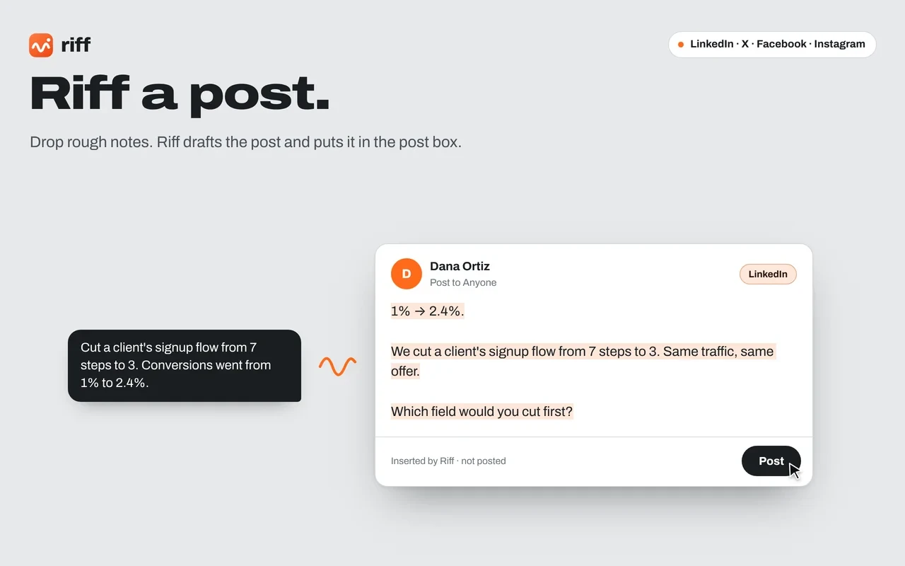 Riff - Free AI replies and posts that run on your laptop. Chrome extension that drafts replies, posts and DMs on-device with Gemini Nano.
