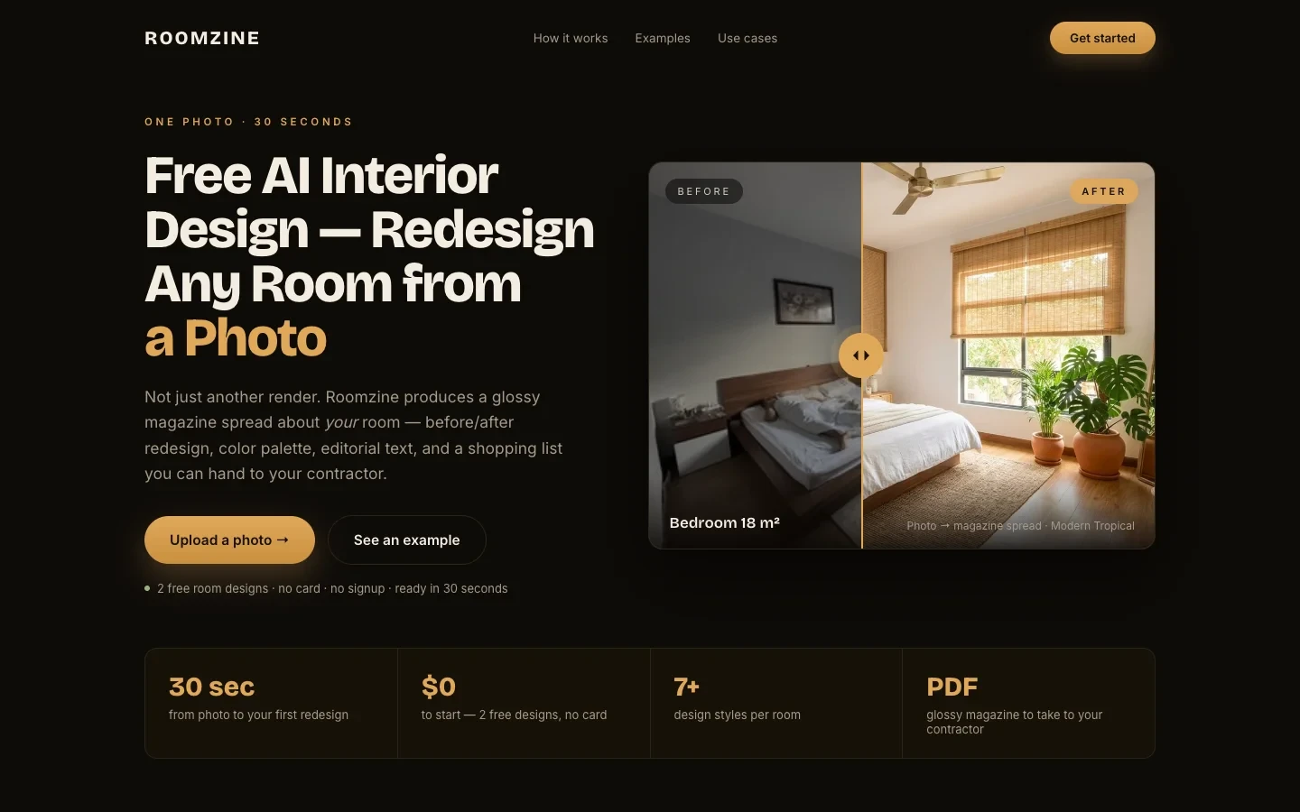 Roomzine - Upload one photo of a room and get a magazine spread: AI redesign in 7+ styles, before/after, color palette, editorial text and a shopping list.