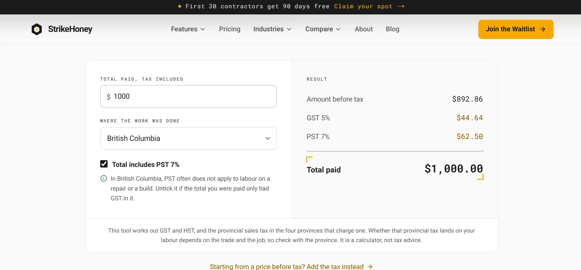 Reverse Sales Tax Calculator - Free reverse sales tax calculator for Canadian contractors. Pull tax out of a tax-included total by province. Handles PST/RST/QST too. No signup.