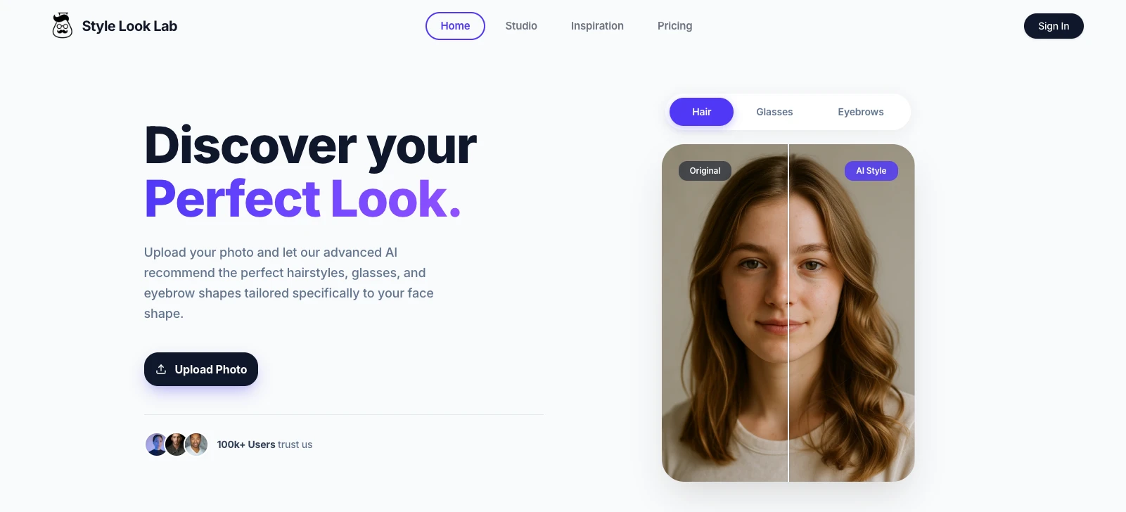 stylelooklab - StyleLookLab is an AI-powered virtual try-on platform. Upload a clear front-facing photo to preview different hairstyles, glasses frames, and eyebrow shapes. 