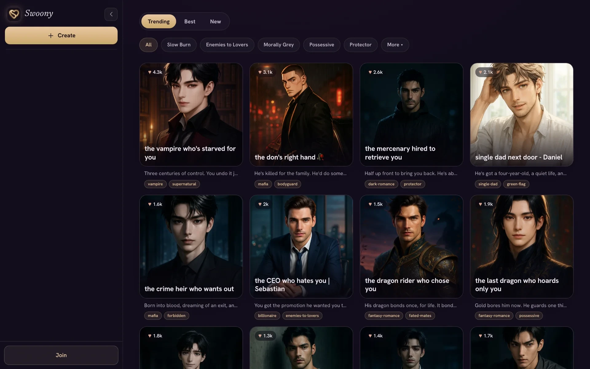 Swoony - Chat with an AI boyfriend built for romance readers - enemies to lovers, morally grey, real slow burn. Closed-door, no subscription. Pick him and start.