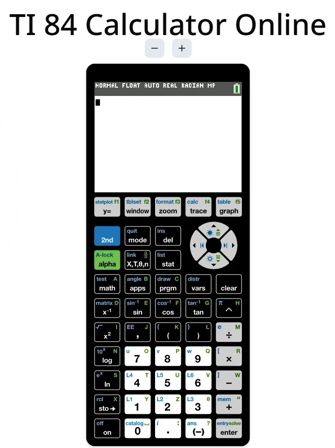 TI 84 Calculator - A free, browser-based TI-84 graphing calculator emulator featuring a 1:1 physical keypad layout, requiring no installation or login.