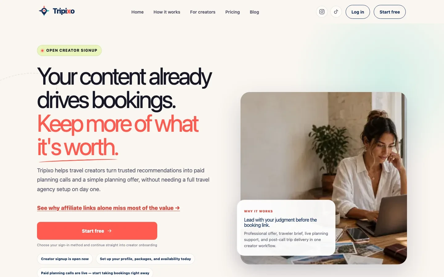 Tripixo - Tripixo empowers travel creators to monetize their expertise by transforming content into paid planning calls and polished trip plans.
