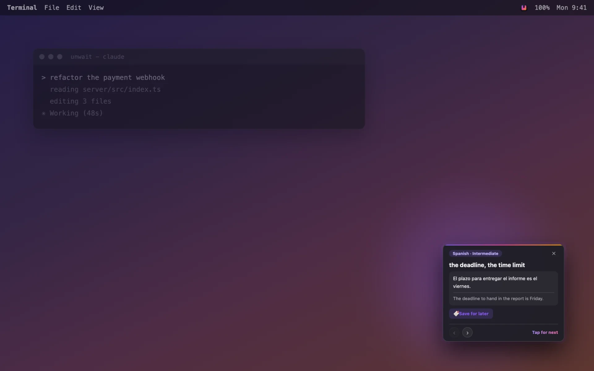 Unwait - Short cards show up while Claude Code and Codex work, then leave on their own. Learn a language, a concept, or the news in the gaps. macOS menu bar app.

