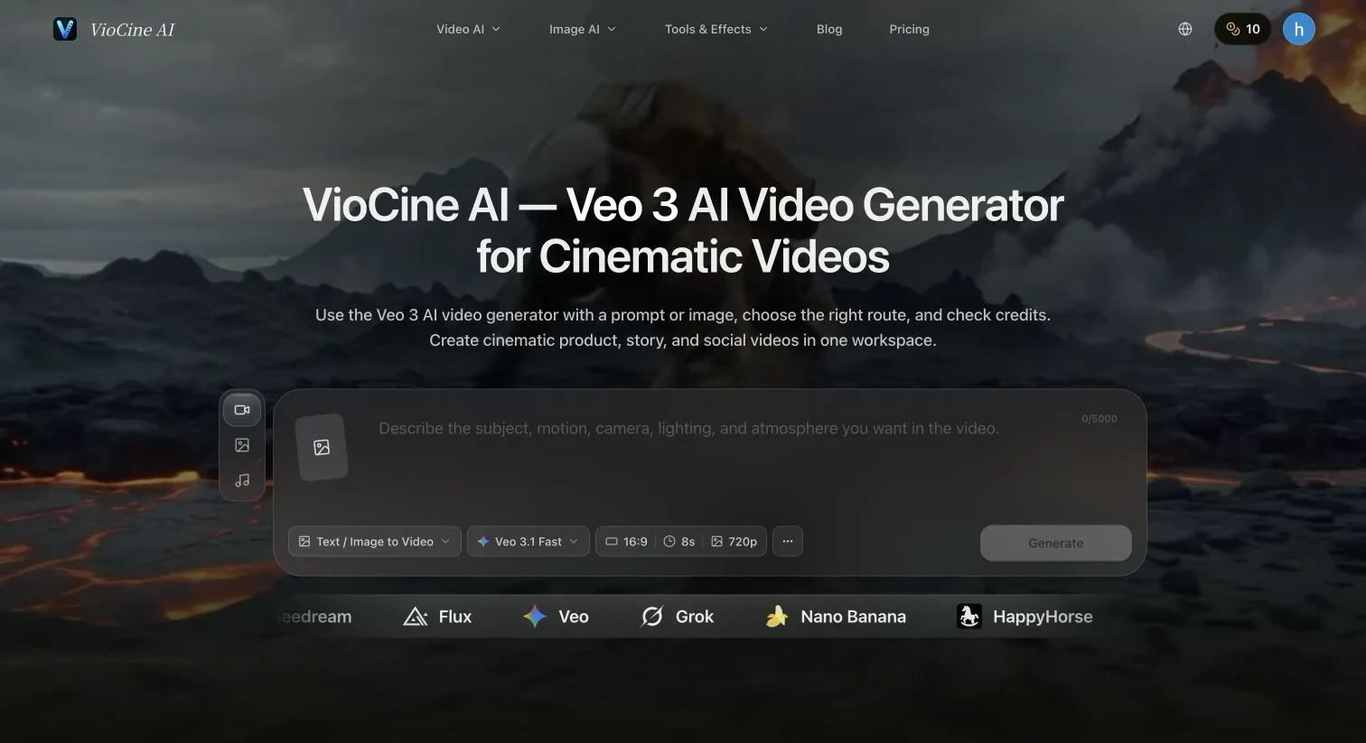 VioCine AI - VioCine AI is a cinematic AI video creation workspace for turning text and images into polished videos with Veo, Seedance, Kling, and other leading models.