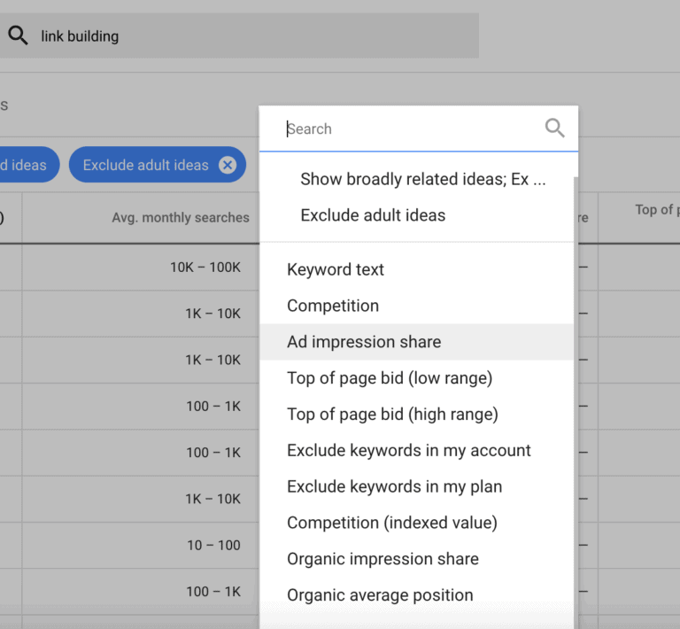 Google Keyword Planner-结果过滤器