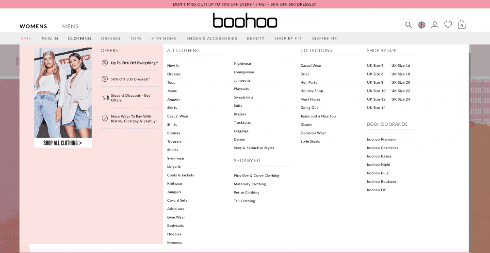 Boohoo 的导航菜单