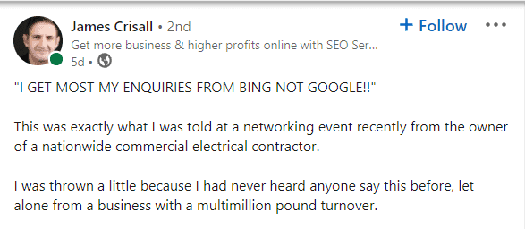 关于听到有人说他们从 Bing 获得大部分流量的推文