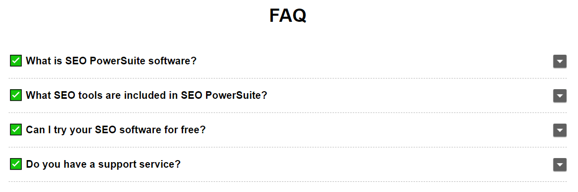 SEO PowerSuite产品页面上的常见问题解答块