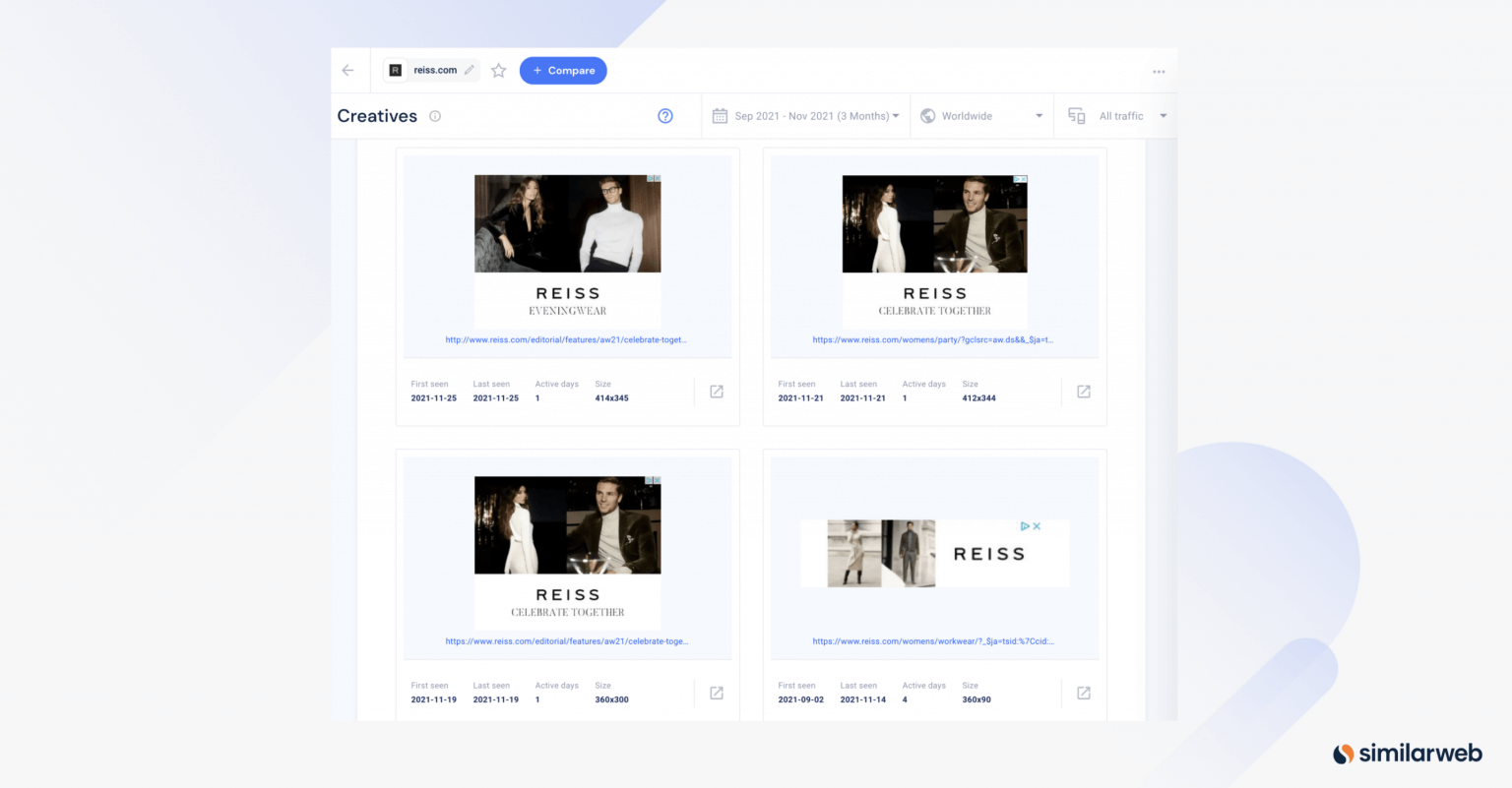 Similarweb’s Display ad Creatives examples for Reiss.com