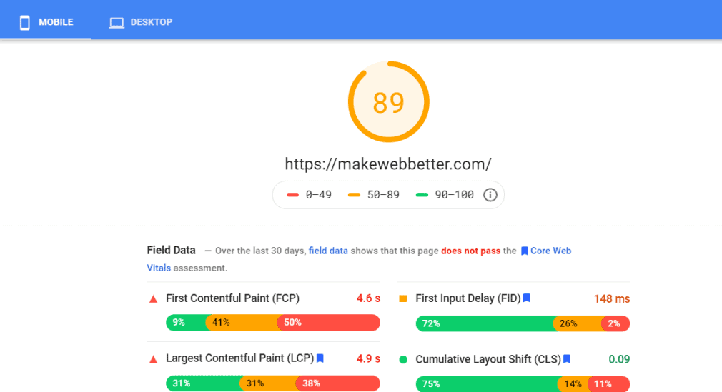 Google Page Speed 洞察 MWB 结果