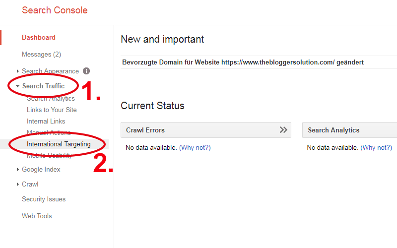 屏幕截图：Google Search Console 国际定位