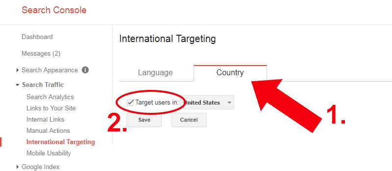 屏幕截图：Google Search Console 地理定位步骤 1