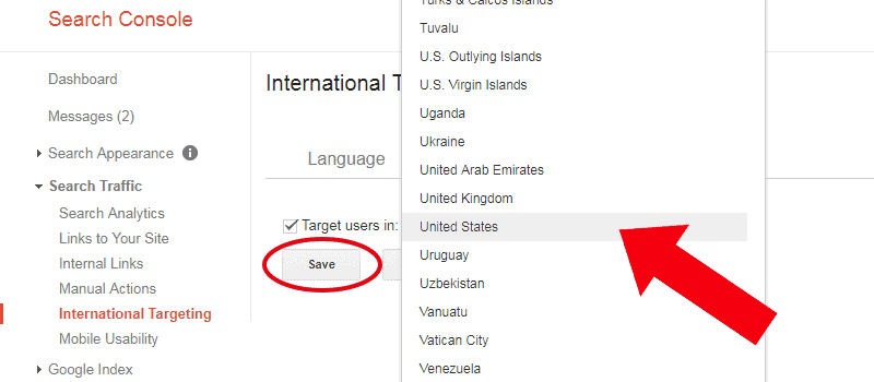 屏幕截图：Google Search Console 地理定位步骤 1