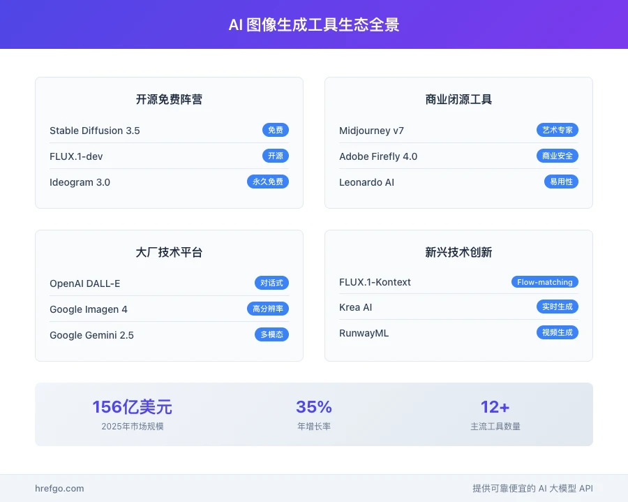 AI图像生成工具生态概览图表，包含Stable Diffusion、Midjourney、Adobe Firefly等主流AI image generator工具分类和市场数据