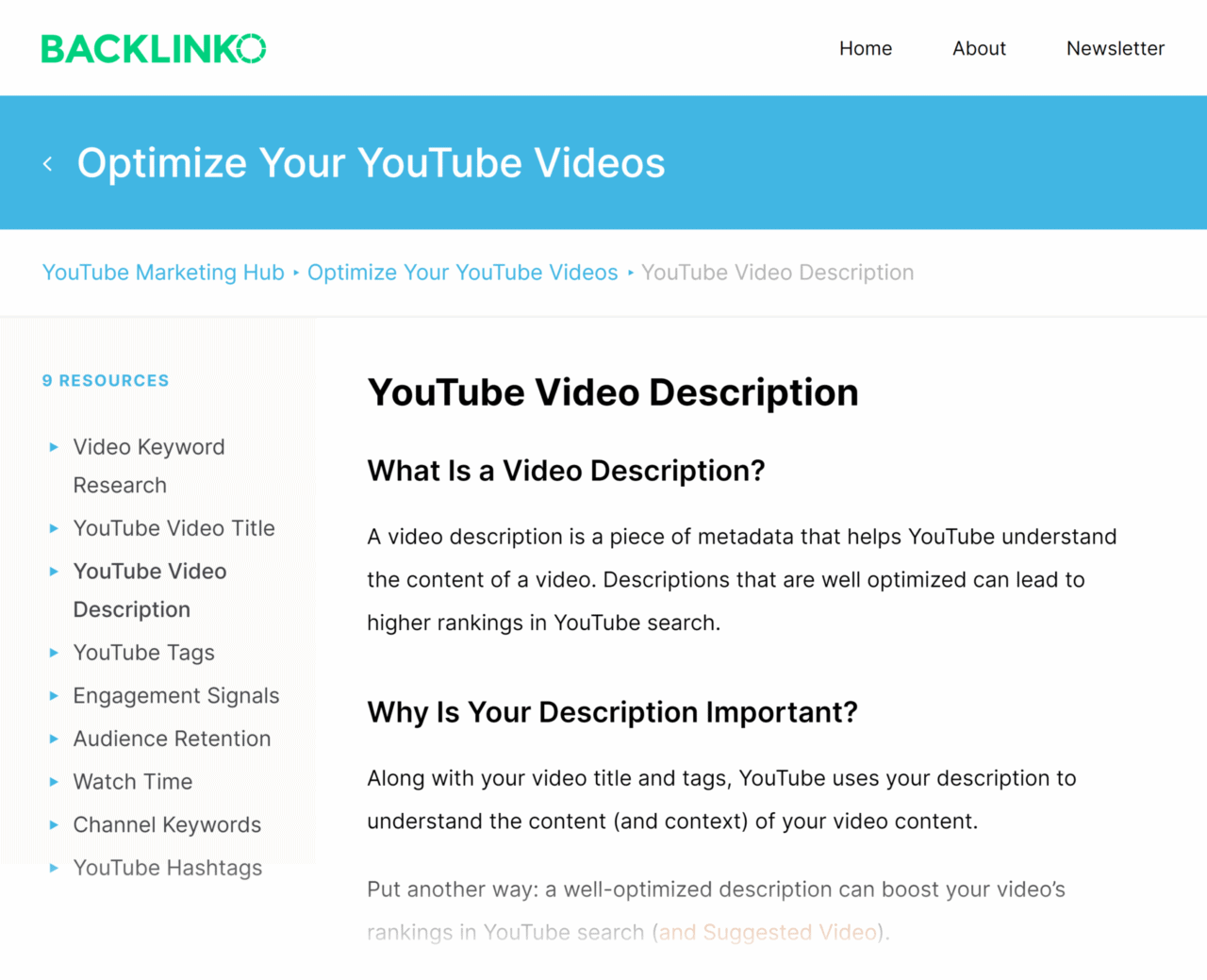 Backlinko – Hub – YouTube video description