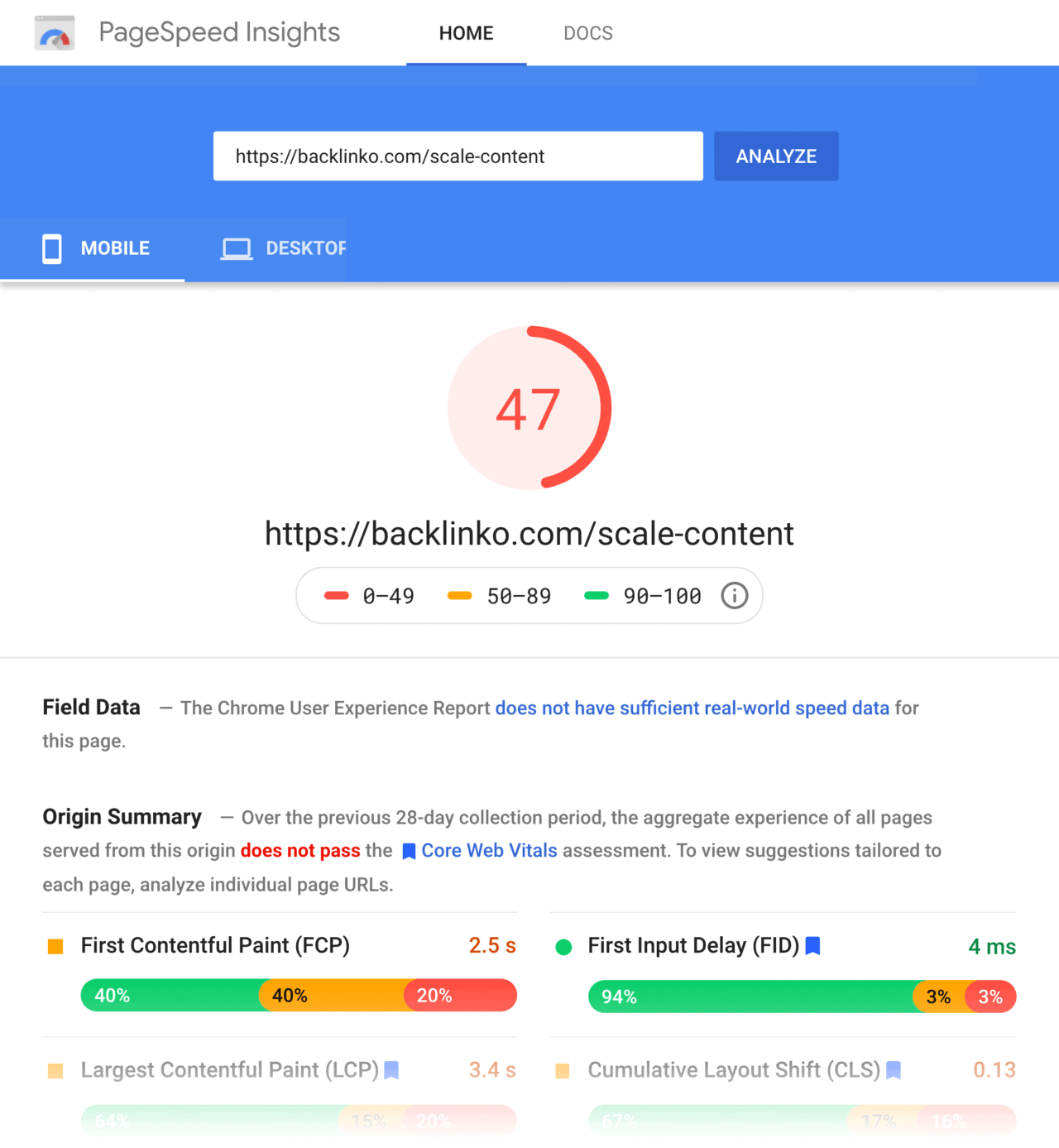 Backlinko – New page speed score