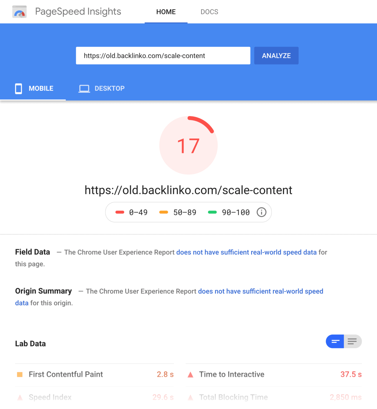 Backlinko – Old page speed score