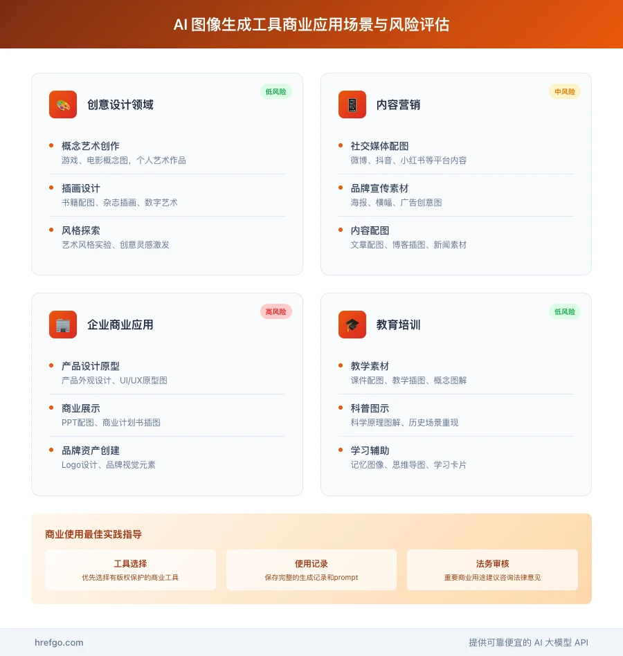 AI图像生成商业应用场景风险评估图，包含低中高风险分类和商业使用最佳实践建议
