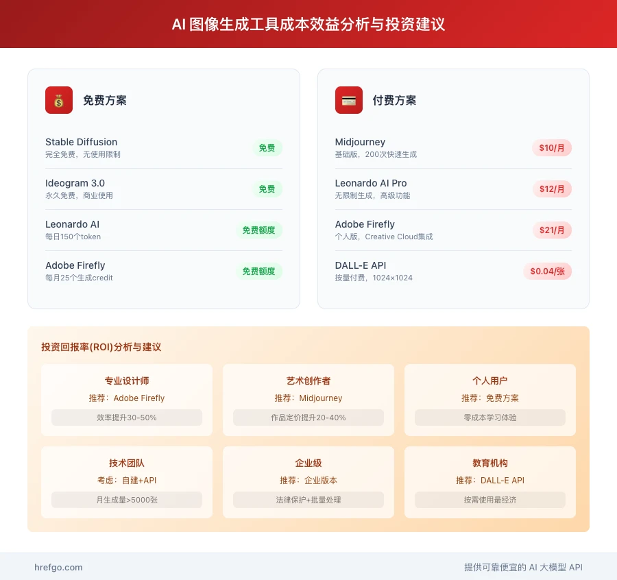 AI图像生成工具成本效益分析图表，包含免费付费方案对比和六类用户的ROI投资建议
