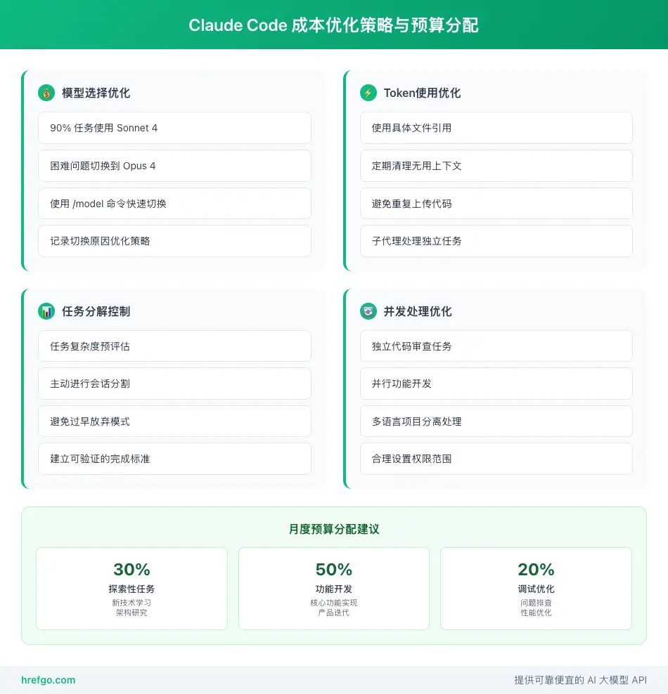 Claude Code成本优化策略图，包含预算分配和优化技巧的完整方案