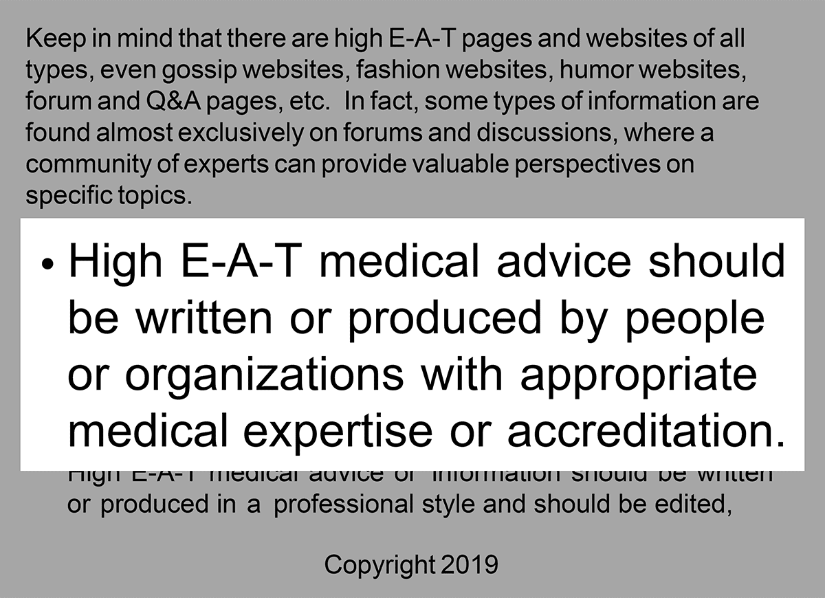 Google guidelines on creating high E-A-T medical advice