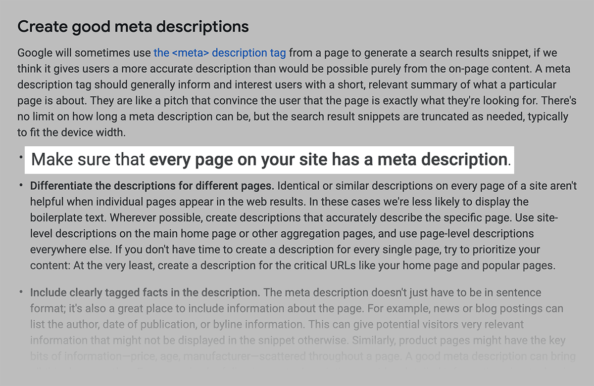 Google recommends writing a unique meta description for every page