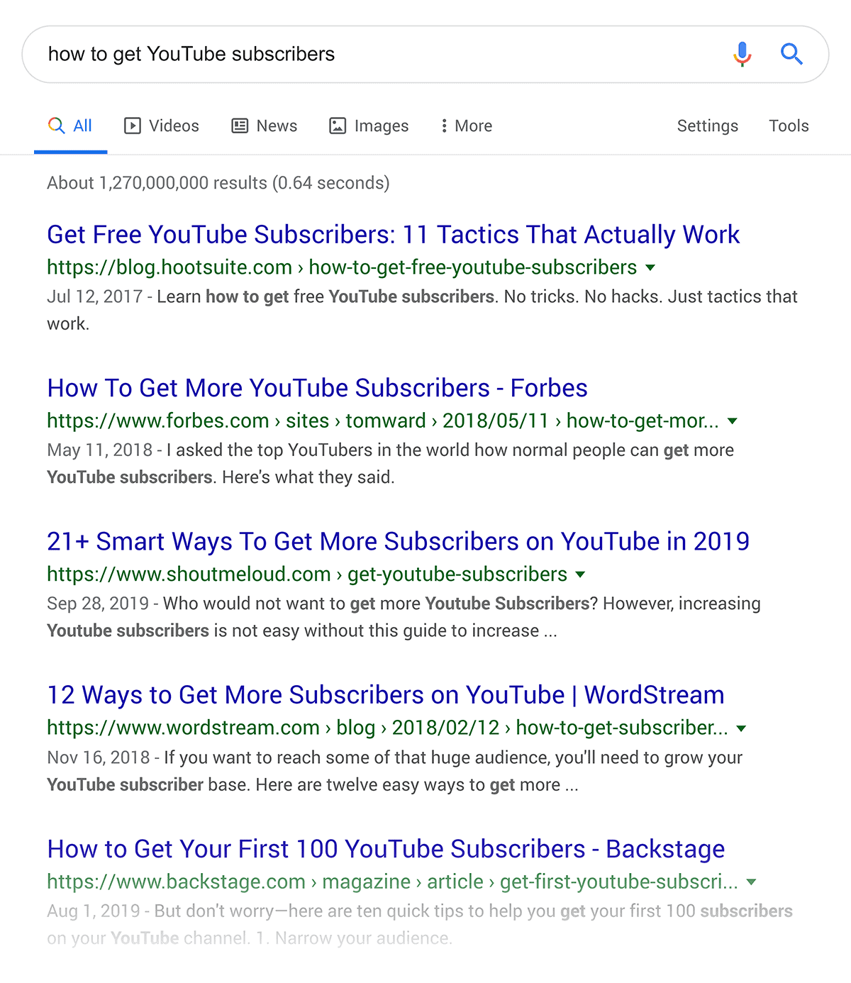 Google search results for "how to get YouTube subscribers"