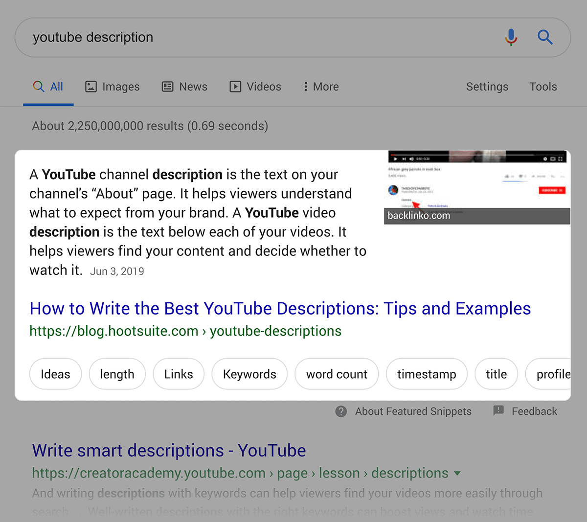 Google search – "YouTube description" featured snippet